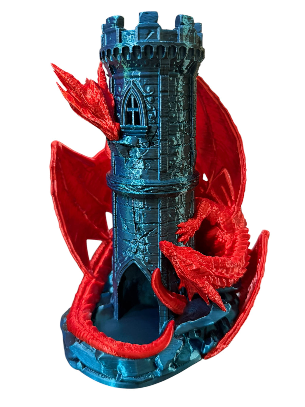 Dragon Castle Dice Tower – 3D Printed Fantasy Dice Roller with Built-In Catch Tray – Blue Phantom and Red