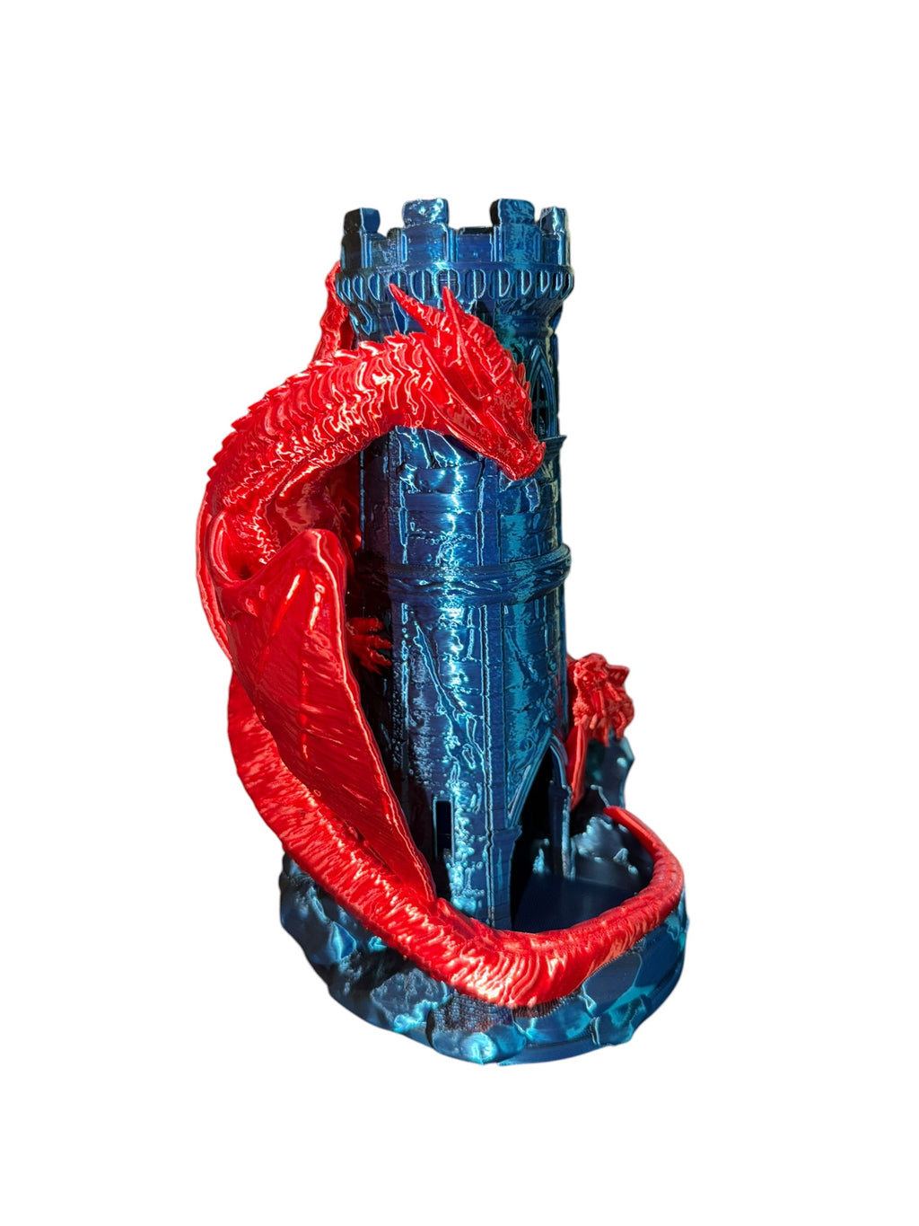 Dragon Castle Dice Tower – 3D Printed Fantasy Dice Roller with Built-In Catch Tray – Blue Phantom and Red