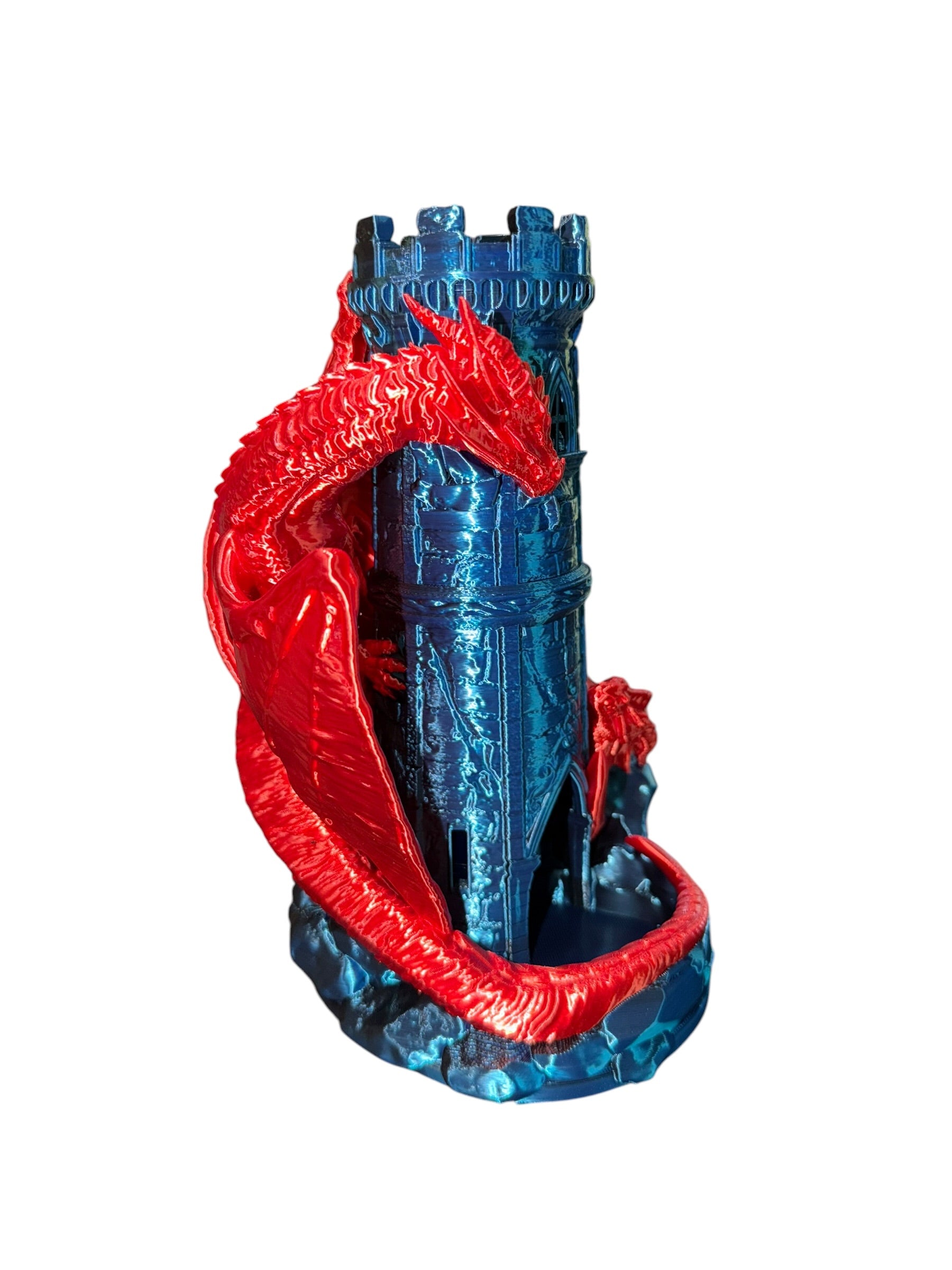Dragon Castle Dice Tower – 3D Printed Fantasy Dice Roller with Built-In Catch Tray – Blue Phantom and Red