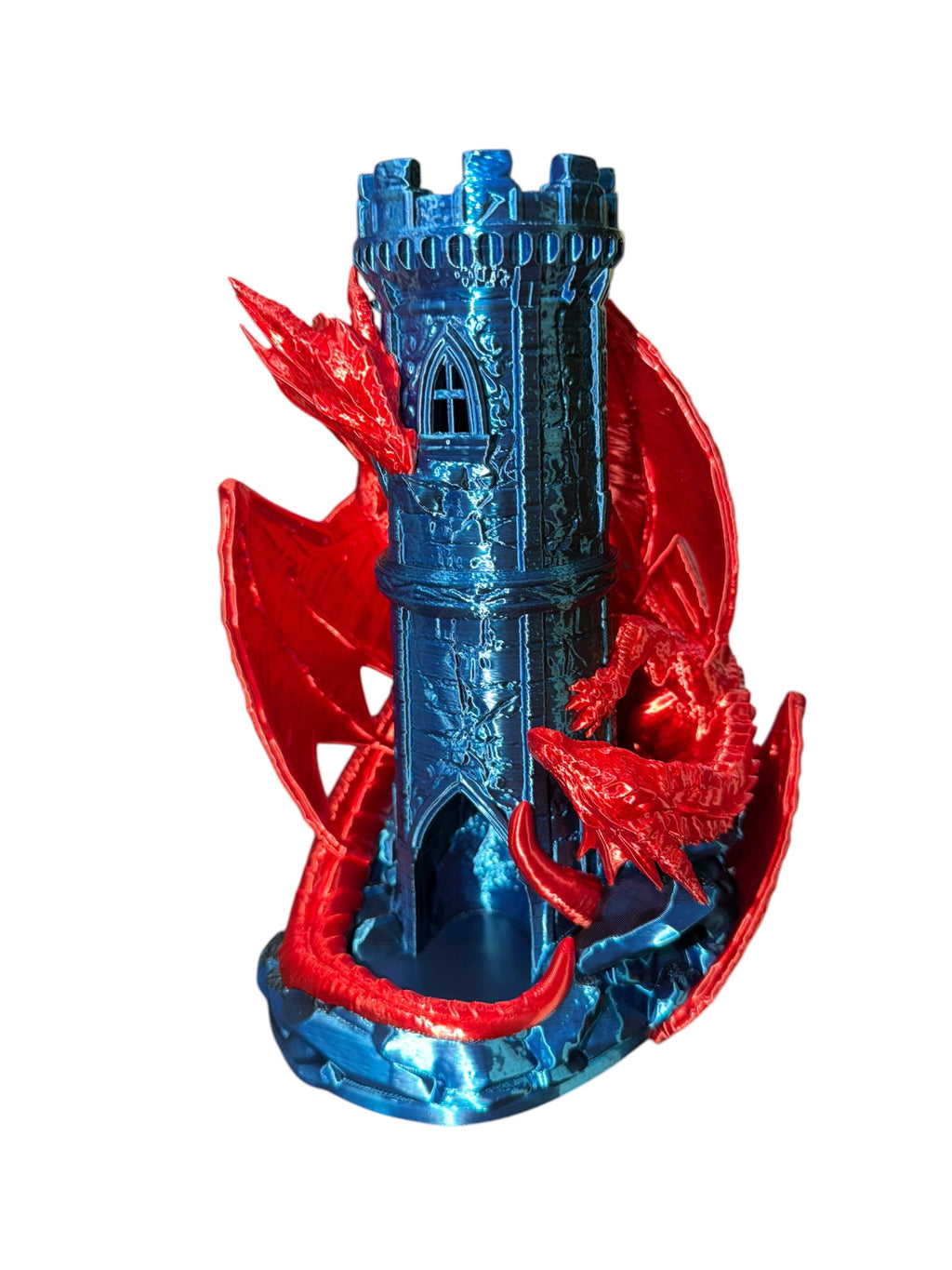 Dragon Castle Dice Tower – 3D Printed Fantasy Dice Roller with Built-In Catch Tray – Blue Phantom and Red