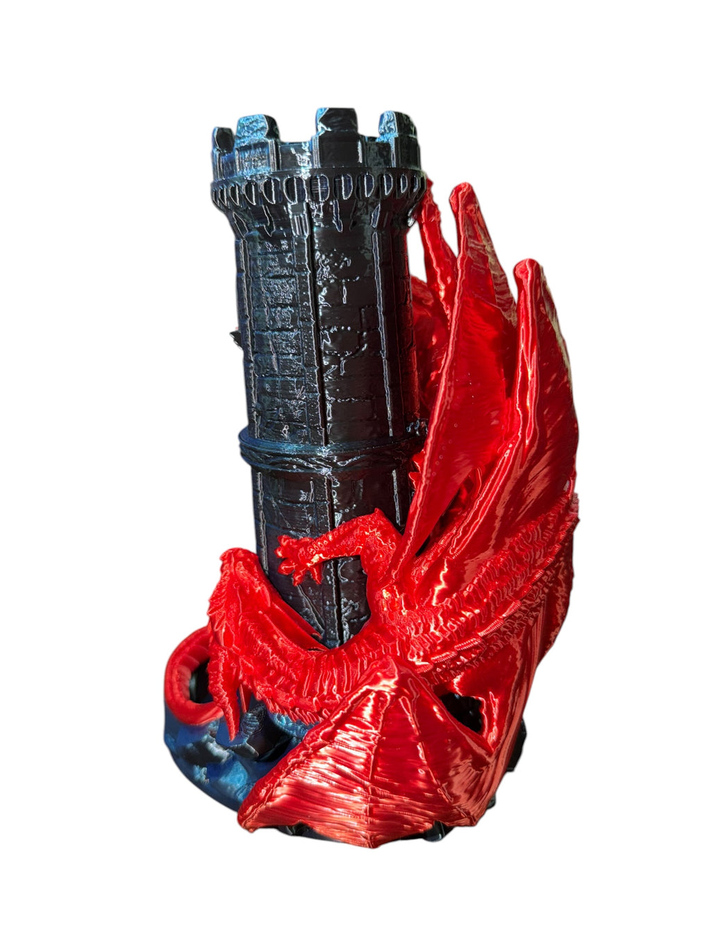 Dragon Castle Dice Tower – 3D Printed Fantasy Dice Roller with Built-In Catch Tray – Blue Phantom and Red