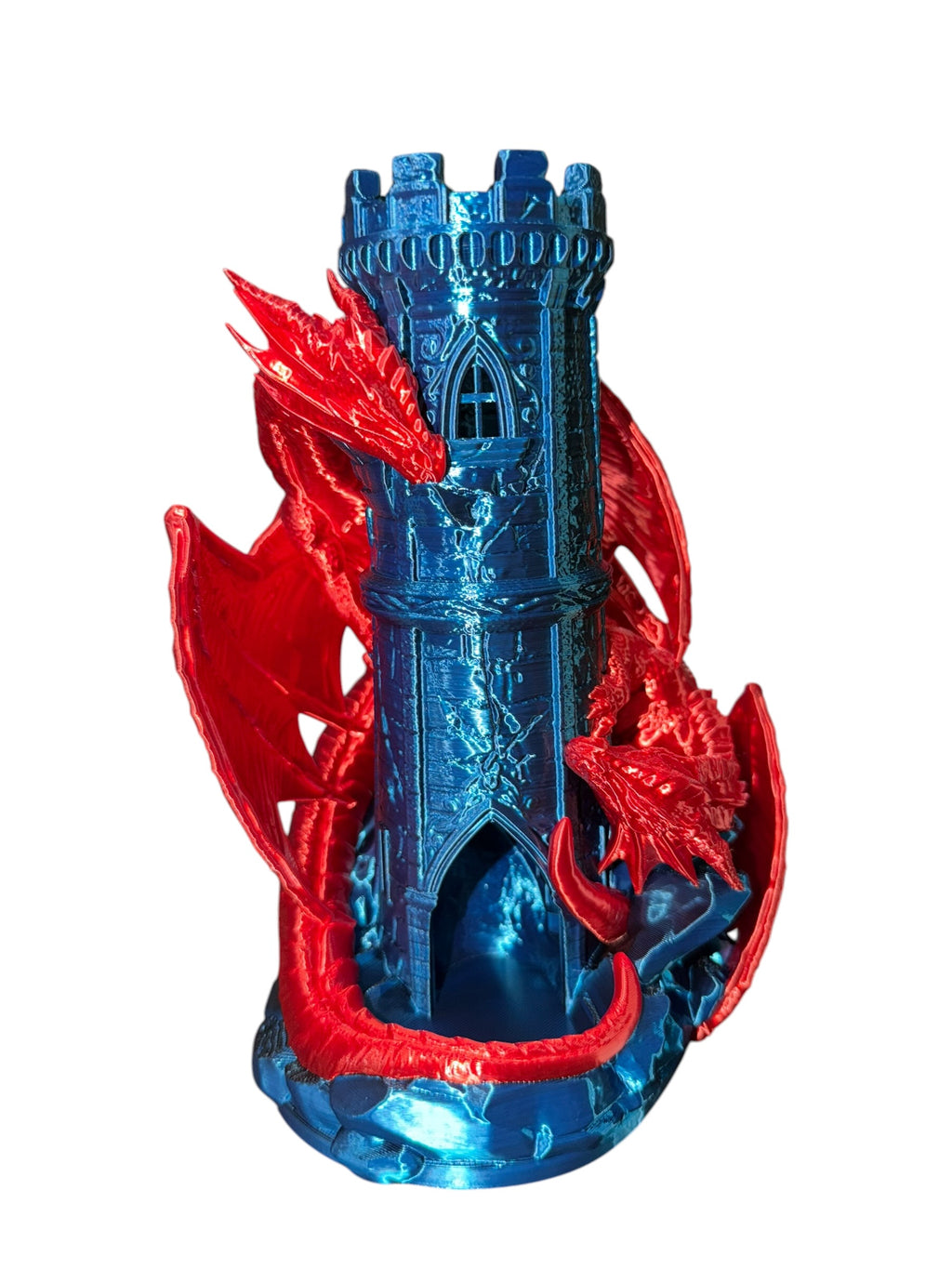 Dragon Castle Dice Tower – 3D Printed Fantasy Dice Roller with Built-In Catch Tray – Blue Phantom and Red