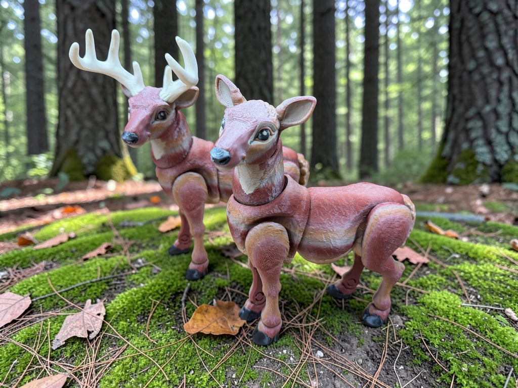 Multicolor articulated deer pair side view