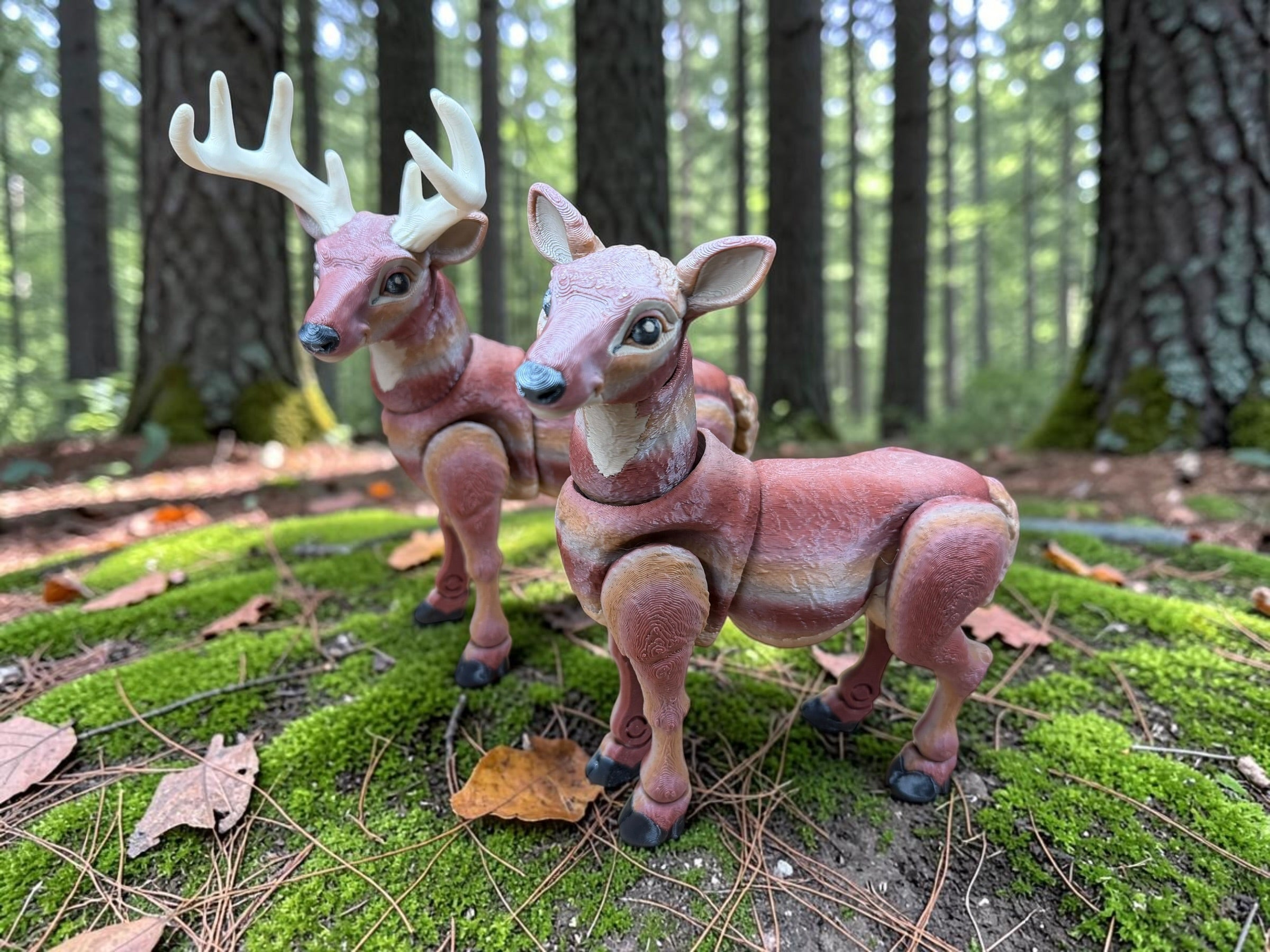 Multicolor articulated deer pair side view