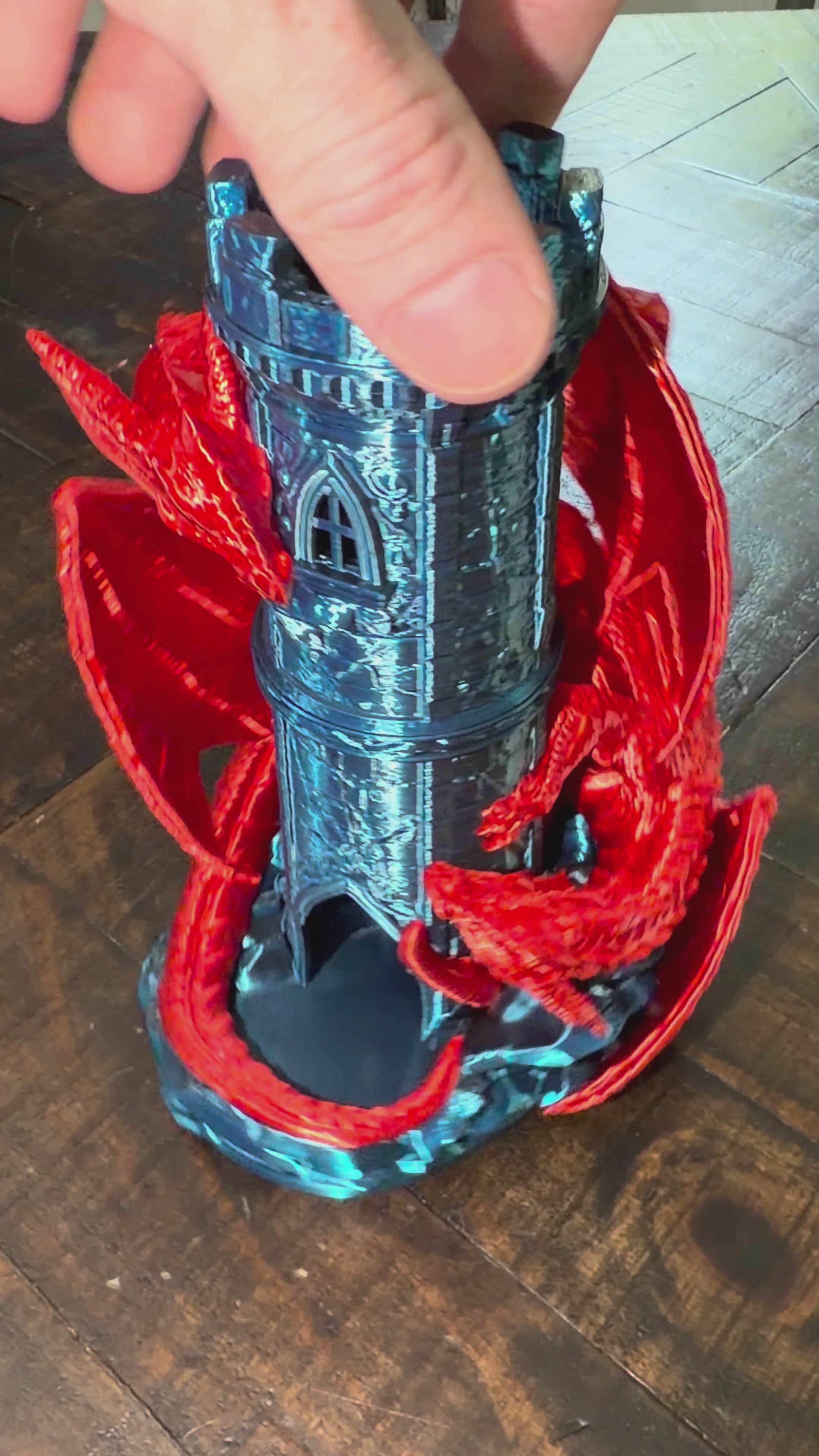 Dragon Castle Dice Tower – 3D Printed Fantasy Dice Roller with Built-In Catch Tray – Blue Phantom and Red